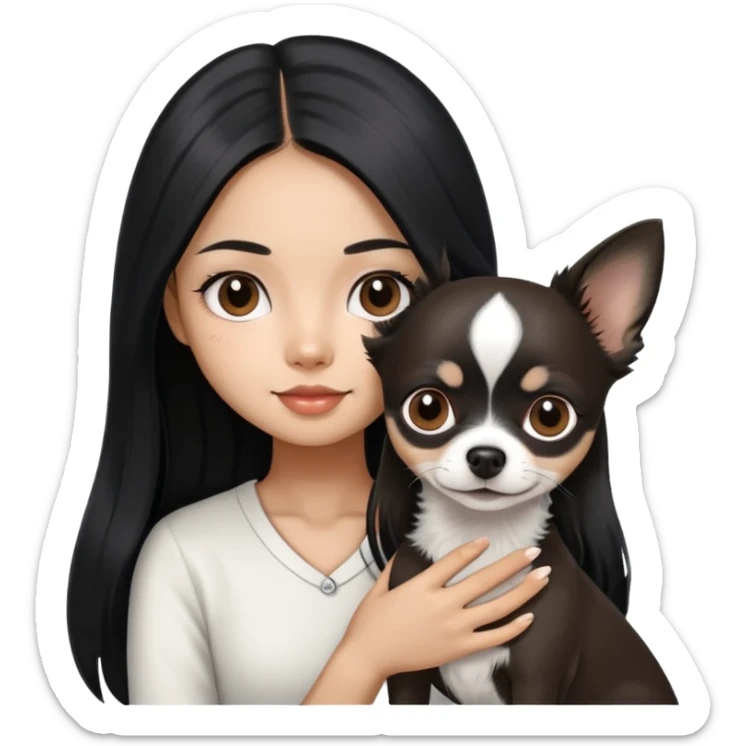 Thai girl with long black hair holding a black and white Chihuahua dog sticker