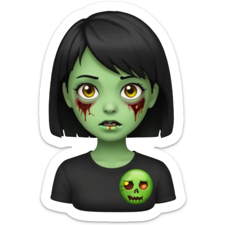 Emoji zombie girl verde com cabelo preto liso  curto com franja pro lado com uma blusa preta sticker