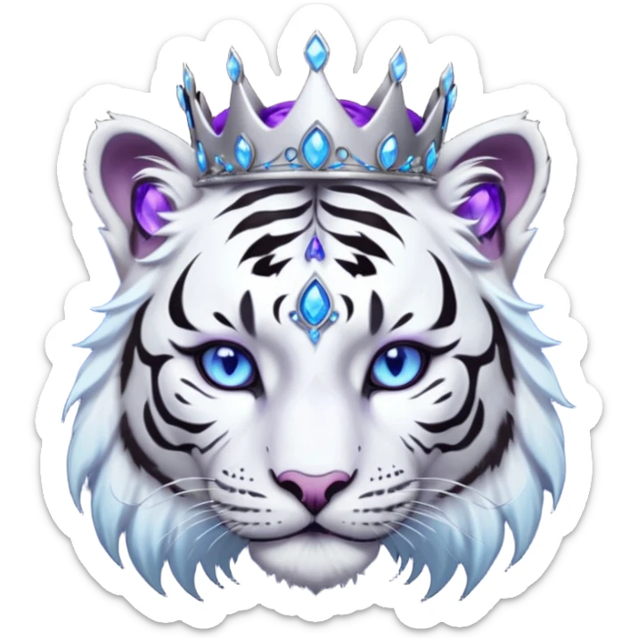 ESO Female white/black tiger khajiit leader of the umbral rose, glowing blue eyes, glowing blue 'third eye' gem; silver crown/tiara with purple gems sticker