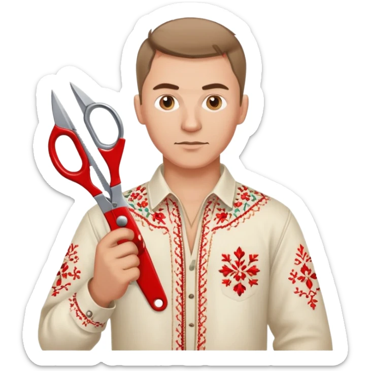 Ukrainian man in traditional vyshyvanka embroidered shirt holding red scissors in one hand and a spanner in the other hand sticker
