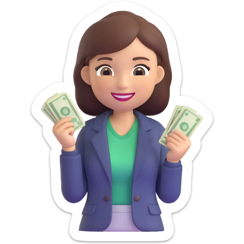 memoji of a beautiful, successful girl, tired but happy, smiling with subtle fatigue, in a T-shirt and blazer, holding a wad of cash sticker