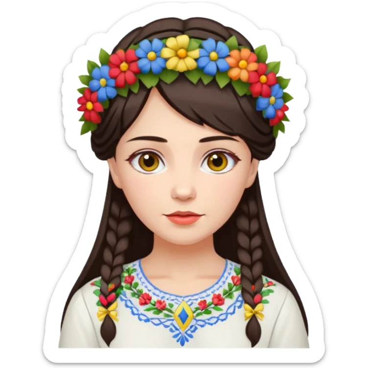 Ukrainian woman in a white embroidered shirt with dark hair in a wreath of flowers with multicoloured ribbons on her head sticker