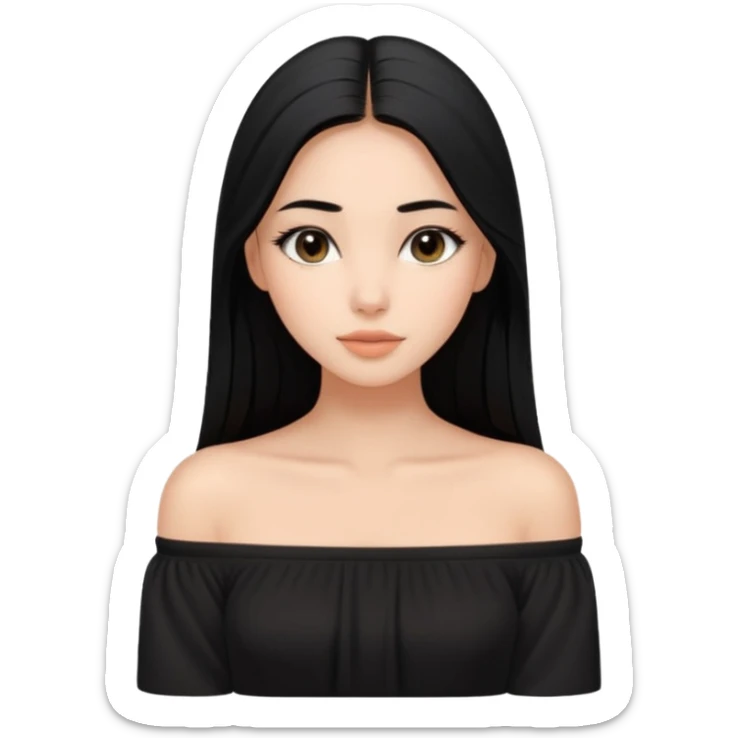 A realistic 3D avatar of a young woman with a soft oval face, slim cheeks, natural almond eyes, long straight black hair, minimal makeup, wearing a black off-shoulder top, elegant and aesthetic, tanned skintone. sticker