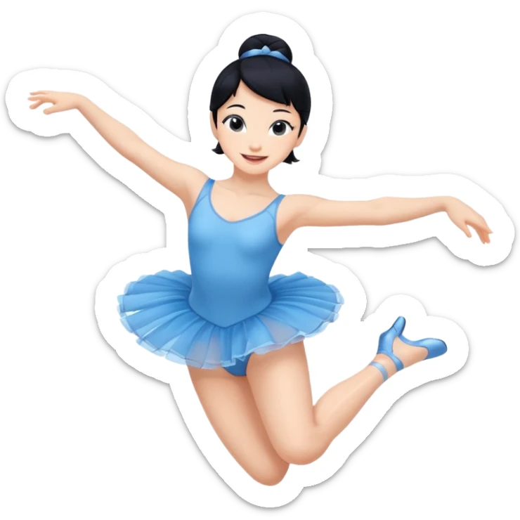 A lively black hair ballerina in a blue outfit, jumping mid-air with a bright smile. sticker