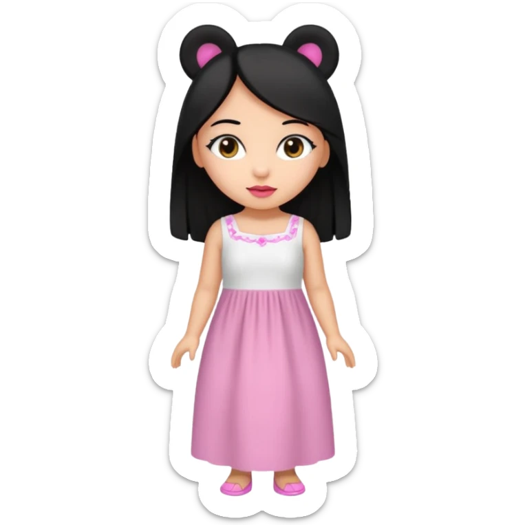 Gordita, ojos pequeños de color cafe oscuro, labios pequeños y rosados, piel trigueña, orejas pequeñas, cabello largo lazio y negro, pequeña. cuerpo completo. sticker