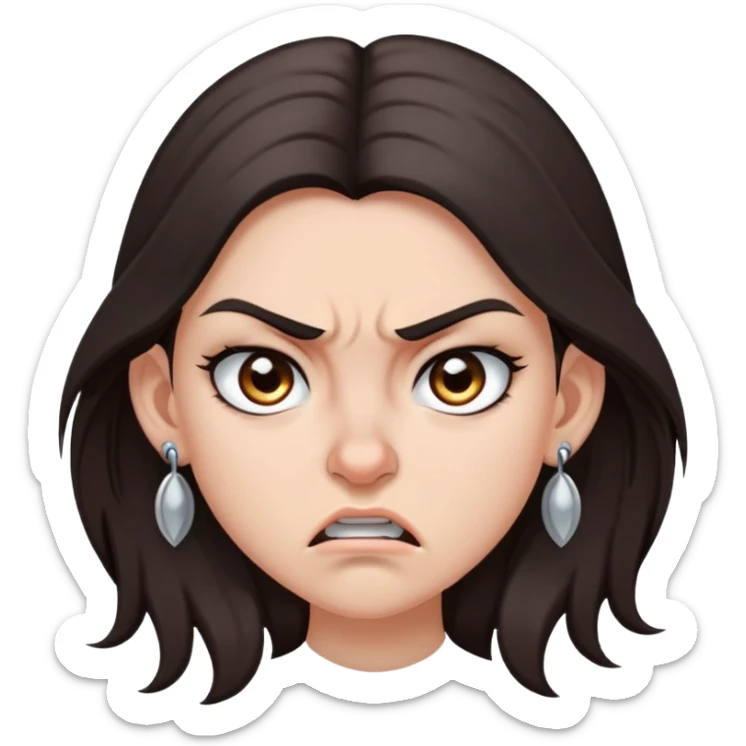 angry girl with long dark brown hair, grey eyes, nose earring on right, pierced ears sticker