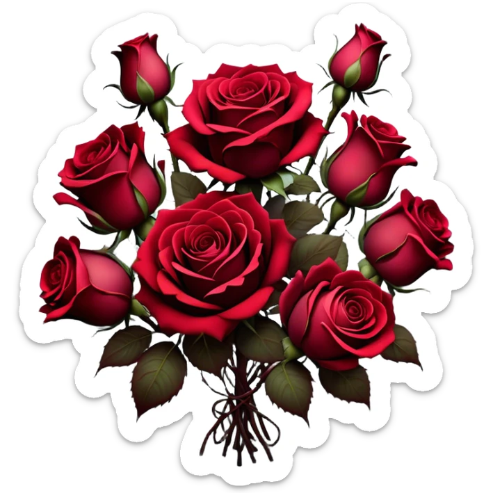 A surreal bouquet of Gothic roses, their petals drenched in crimson hues, from Venetian red to rustic tones, glowing against a dark, misty backdrop. The air is heavy with an eerie, romantic atmosphere, as if the flowers hold secrets of the past.
 sticker