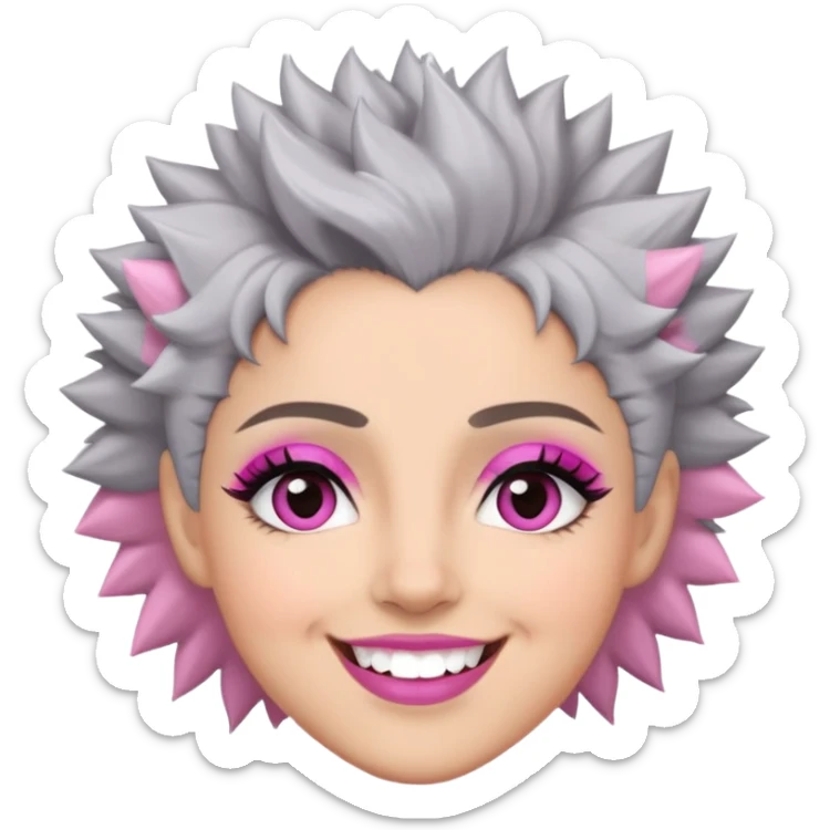 Close-up of Marian Pabón with defined facial structure, light skin with pink undertones, almond eyes with makeup, arched eyebrows, charismatic wide smile, and short spiky gray hair sticker
