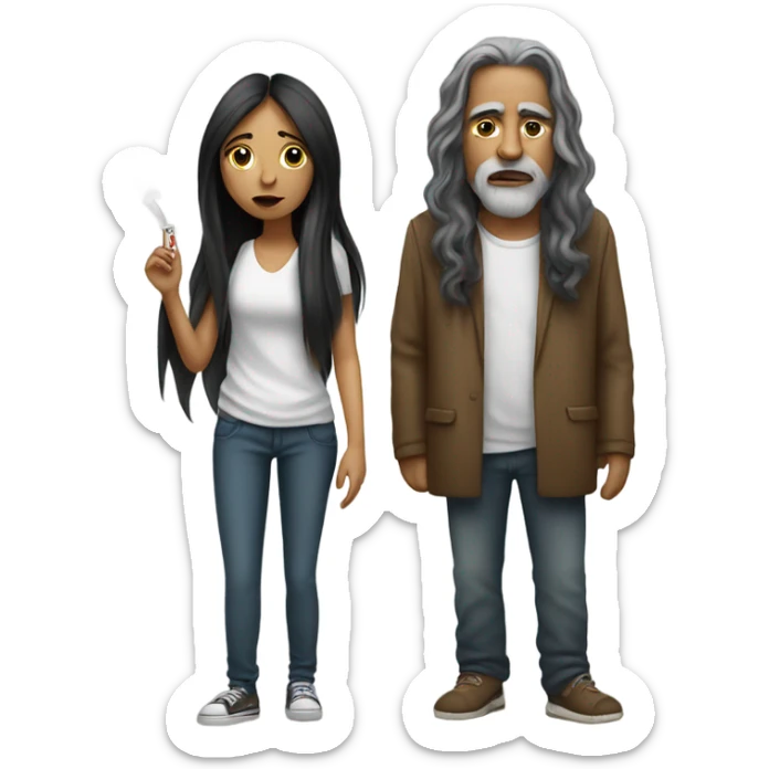 mexican girl with long hair smoking a cigarette with a white homeless man  sticker