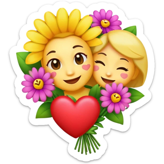 a bouquet of flowers winking and holding a heart, emoji style, for Mother's Day sticker