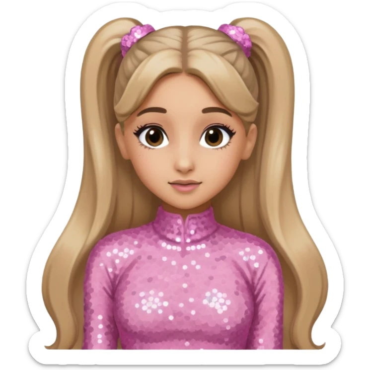 Ariana Grande with long dark blonde ponytail hair, light pink sequin outfit sticker