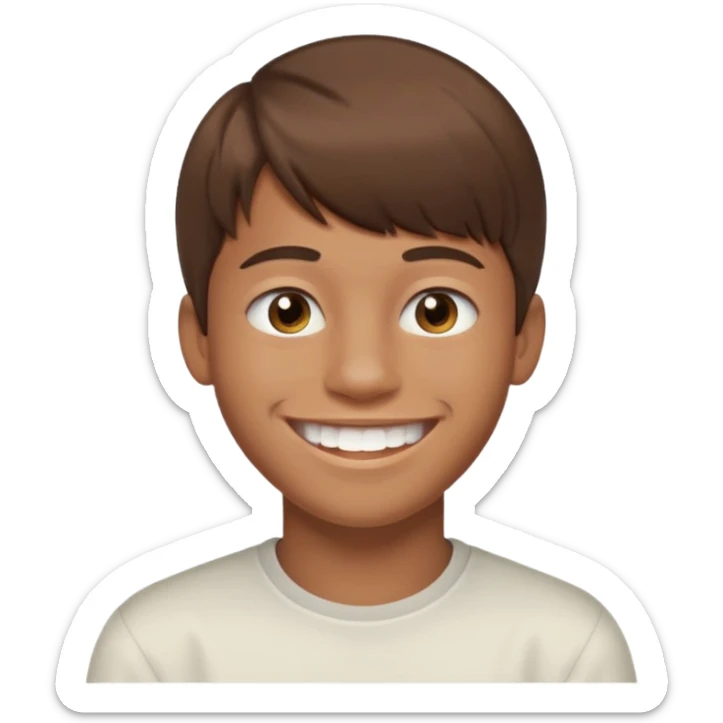16 yr old boy, brown hair, straight, big smile, white teeth, tanned skin, bangs sticker