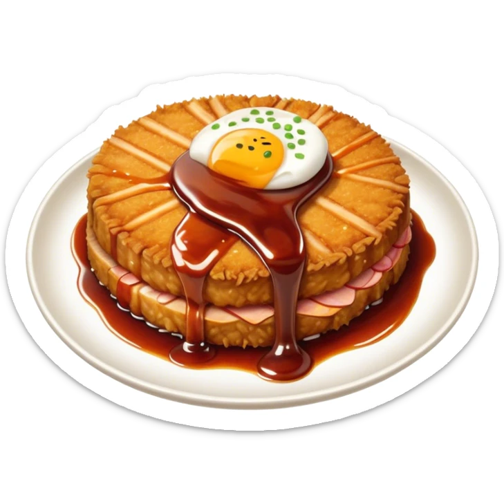 Tonkatsu Cinematic Realistic Tonkatsu Dish Emoji, depicted as a golden, crispy pork cutlet drizzled with tangy BBQ sauce, rendered with detailed textures and dynamic, appetizing lighting. sticker