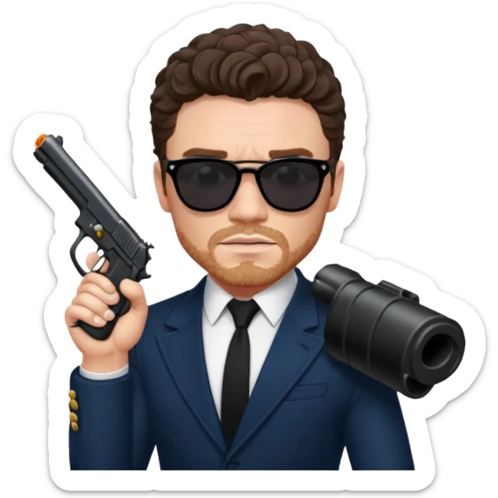 Richard Madden as his character in the Bodyguard TV series, with sunglasses on and a gun in his hand. sticker