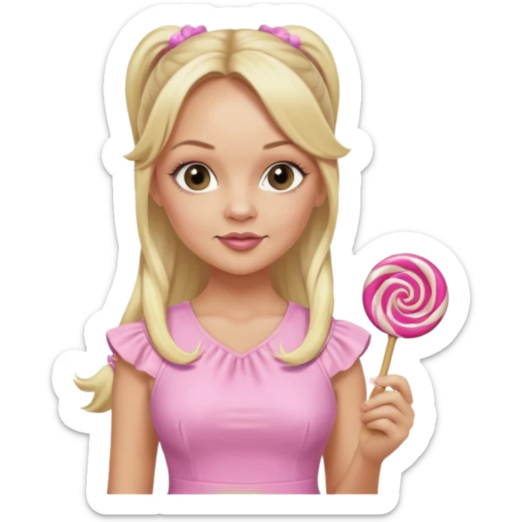 Emma Bunton with long blonde ponytails wearing light pink body dress holding a lollipop sticker