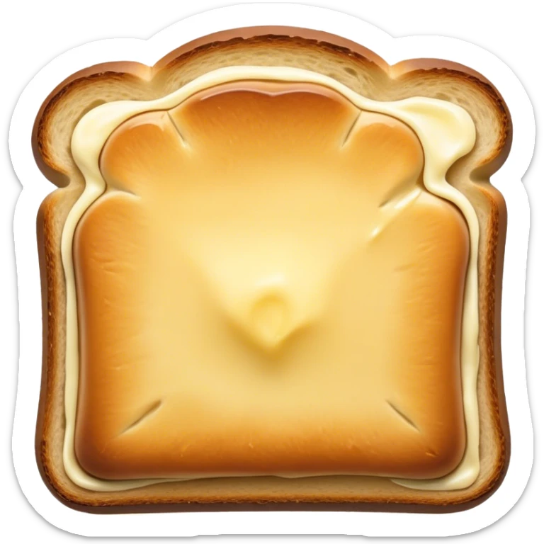 Cinematic warm toasted bread, golden-brown edges, butter melting into the surface, slightly crispy texture, simple and comforting, warm glowing background, inviting and homely. sticker