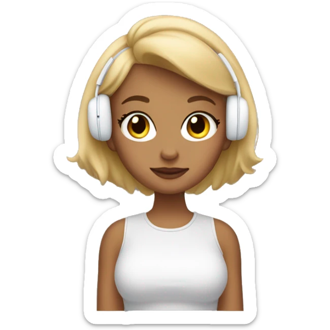 A blonde girl wearing airpods max and looking at a macbook sticker