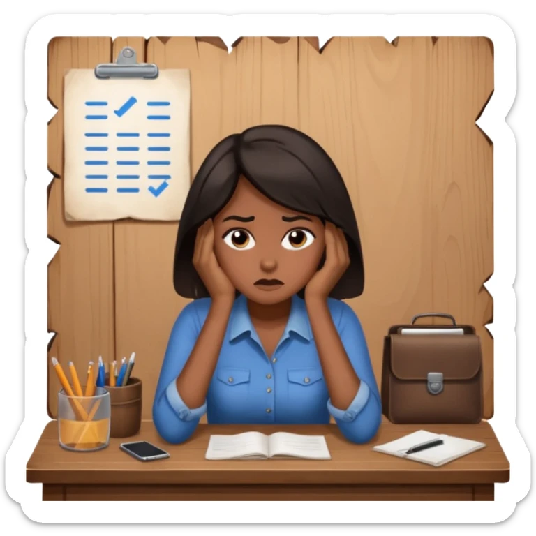  iOS emoji style - An overwhelmed woman sitting at a desk. She has dark hair. sticker