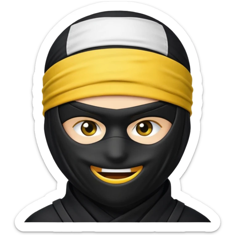 ninja face emoji with black ninja mask covering lower face, no skin color, standard emoji yellow, white headband, winking sticker