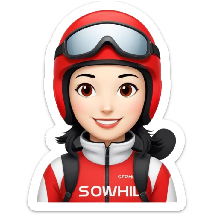 Skifahrerin Abfahrt Anzug rot weiss Aufschrift Stephanie Ski Aufschrift Head schwarze Haare lächeln  sticker