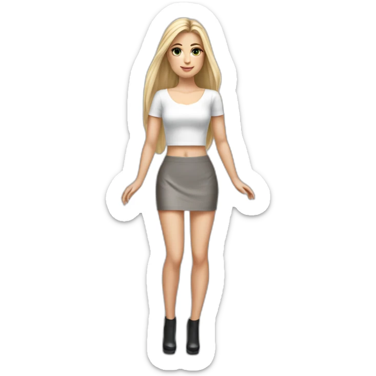 hyperrealist caucasian long straight blonde hair dark brown eyes woman sexy white crop top gray tight mini skirt black high heels full body sticker