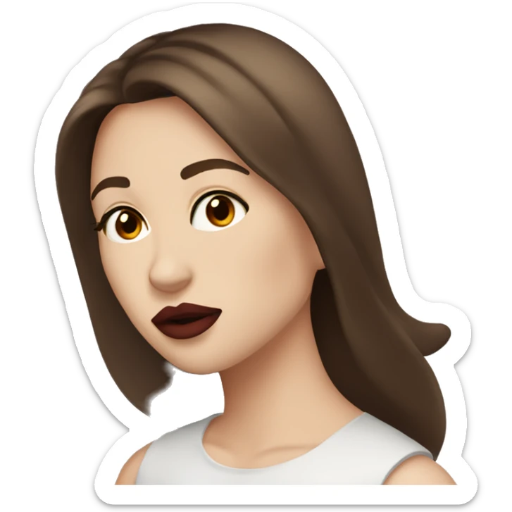 women with brown hair, fair skin, dark red lips, straight hair, brown eyes giving an air kiss sticker