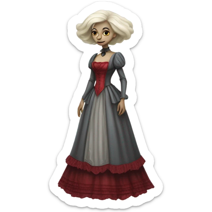 "galora grey blonde alien woman" in red Victorian dress red elegant, full body sticker