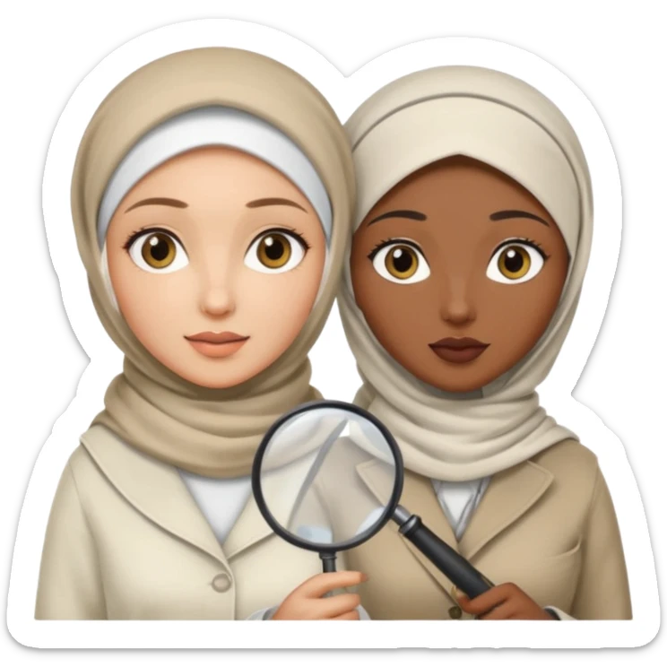 one wite hijabi one dark skin with her hair  out and hand lens and hat like true private inbestigators sticker