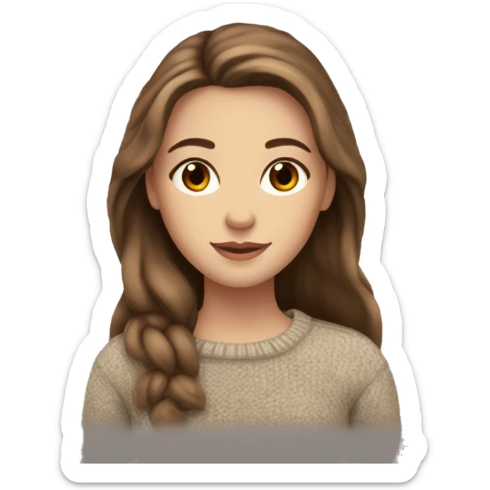 White girl with long medium brown hair and light brown eyes wearing a sweater and in love sticker