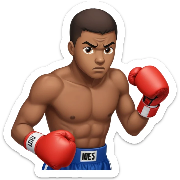 Close-up of a 19-year-old Black male boxer's face, determined expression, boxing gloves visible at the bottom of frame sticker