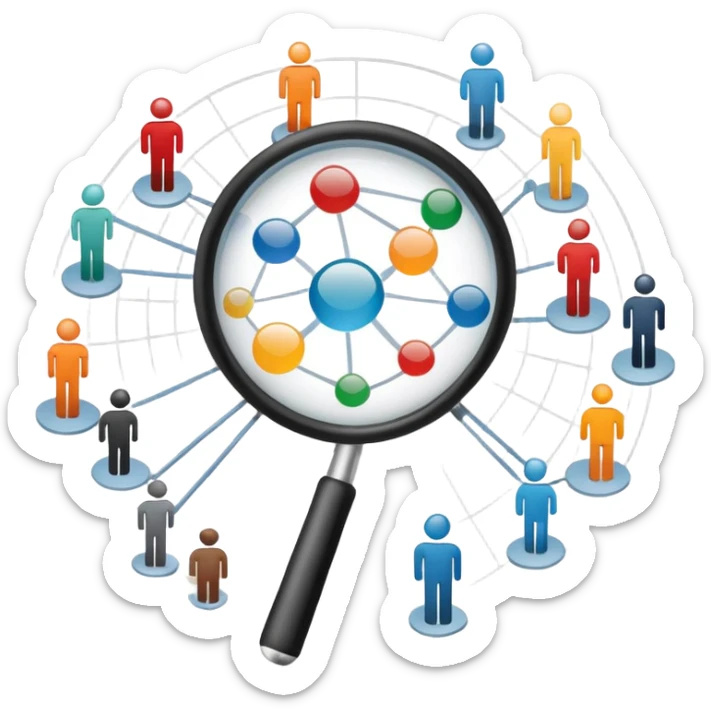 An icon featuring a group of diverse people, a social network diagram, and a magnifying glass, symbolizing sociology. The design includes charts and interconnected lines, representing the study of societies, relationships, and social behavior. Transparent background highlights social analysis. sticker