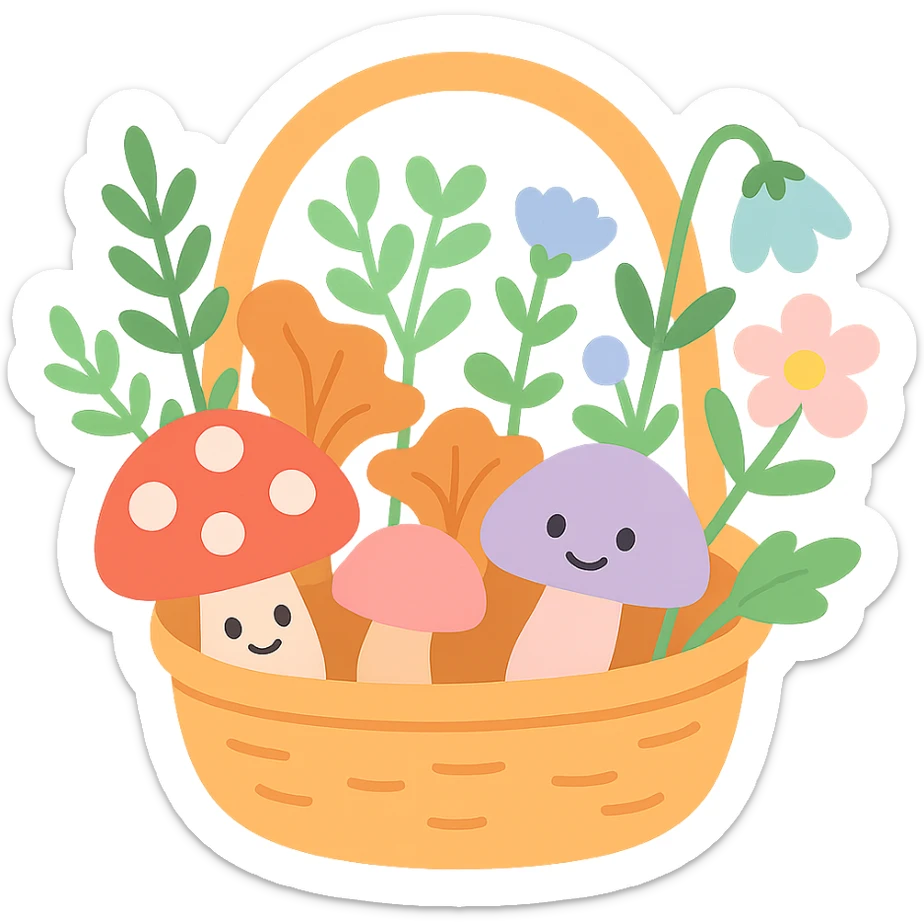 basket full of forest goodies including mushrooms, herbs, flowers in soft pastel colors, pastel-toon style sticker