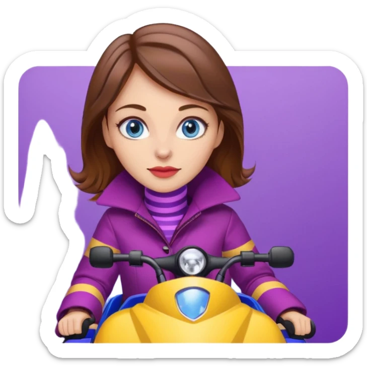 Brown hair, very blue eyes, Woman wearing a Very red coat  on purple and yellow striped snowmobile sticker