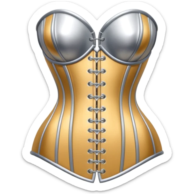 A luxury corset emoji made of silver chrome, smooth metallic curves, minimal fashion silhouette, glossy reflections, sensual high-end aesthetic, iOS emoji style, centered, clean white background sticker