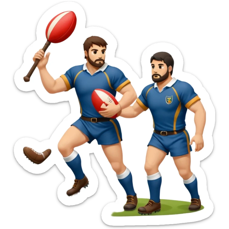 Batalla medieval protagonizada por jugadores y jugadoras de rugby con botas de rugby agarrando armamento y balones sticker