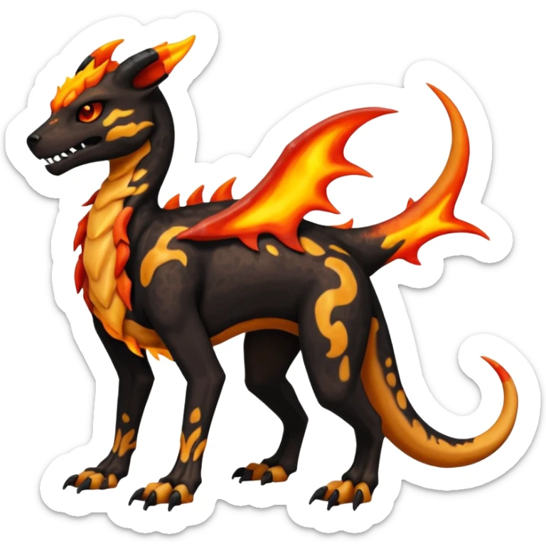 Skeletal Fiery Flaming Volcanic Draconic Cubone-Salandit-Houndoom-Houndour-Marowak-Poochyena-Litten-Fakémon-hybrid-creature (full body), 4 legs sticker
