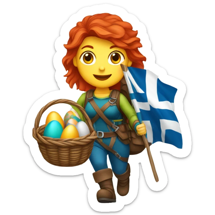 red hair female winter mountaineer climbing with Easter eggsbasket and Greek flag sticker