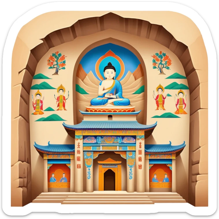 Mogao Caves Dunhuang with colorful Buddhist murals, simplified emoji style with bold outlines and bright colors, cartoon style cave entrance with paintings sticker