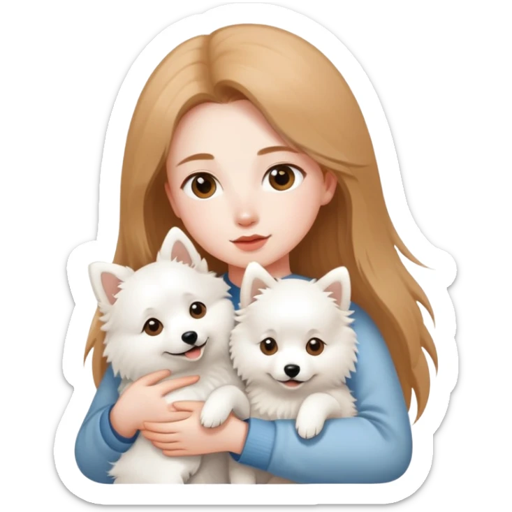 long light brown hair girl with pale skin holding a white Japanese spitz dog in her arms sticker