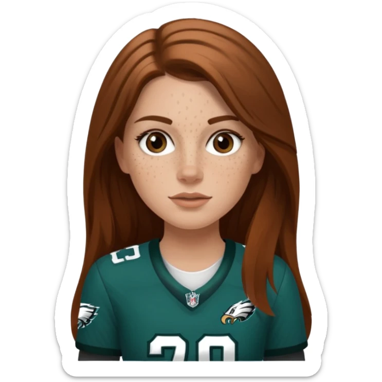White girl with long medium brown hair and freckles wearring a Philadelphia eagles jersey sticker