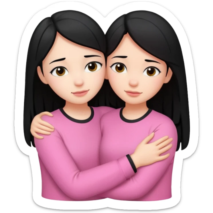 Two girls with black hair, one wearing white shirt and the other wears pink shirt, hugging each other romantically  sticker