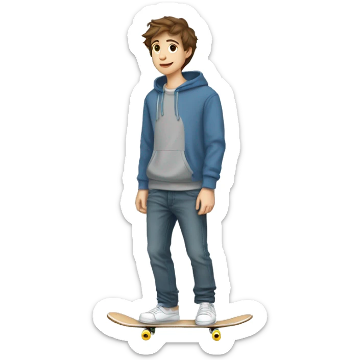 teenage boy with brown hair fair skin in a grey hoodie in blue jeans skateboarding sticker