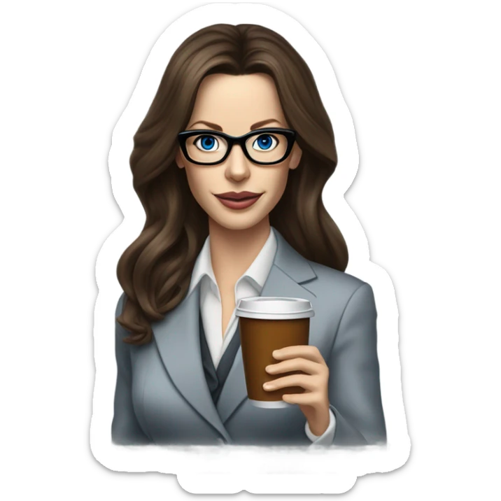 Realistic Kate Beckinsale blue eyes wearing glasses in a business dress drinking a cup of tea  sticker