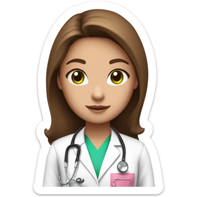 girl with long brown  hair green eyes in pink scrubs, white doctor coat, stethoscope  sticker