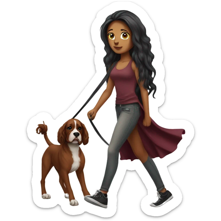 Beautiful tattooed  burgundy long haired woman walking a boxer dog sticker