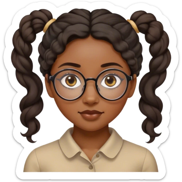 femme de 20 ans noire métissée avec les cheveux bouclés et ondulés, le visage ovale et des lunettes semi rondes et les yeux en amande cheveux plus long et moins gonflés et noir foncé et attaché en queue de cheval  plaqués avec une raie au milieu  sticker