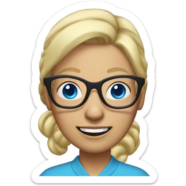 older woman with blue eyes and blonde hair with a ponytail and glasses sticker