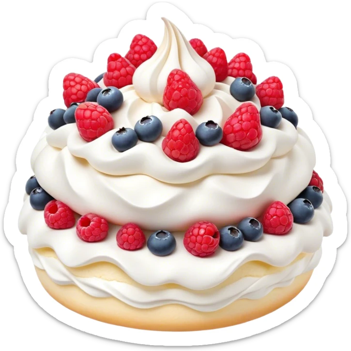Cinematic Realistic Pavlova Dessert Emoji, showcasing a delicate meringue dessert topped with fresh fruit rendered with lifelike texture and soft natural lighting. sticker