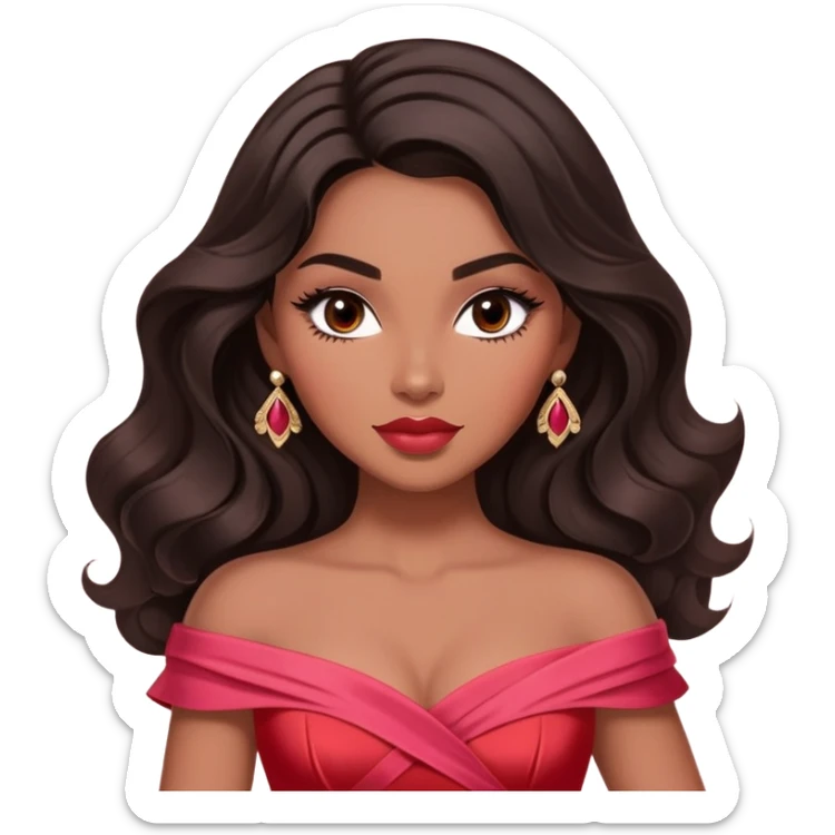 A woman with darker almond-toned skin, more voluminous dark hair in waves, expressive eyes with soft lashes and shimmer, full lips with a glossy nude-pink color, wearing a red dress and a white crossbody sash with “Miss San Juan” in black letters, exuding elegance and confidence sticker