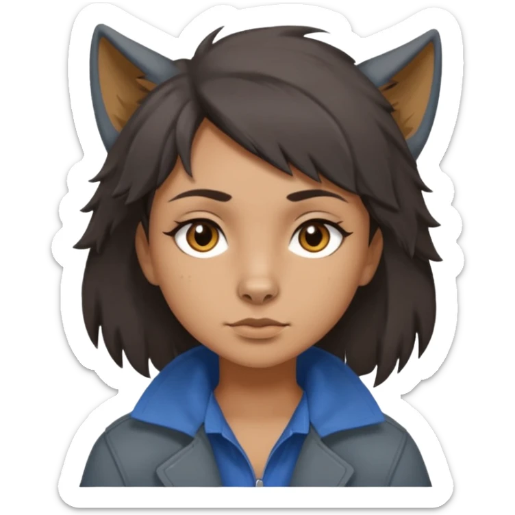 Hobo tomboy with dark brown hair in a wolf cut style, brown eyes, dirty dark grey coat, blue-grey shirt. sticker